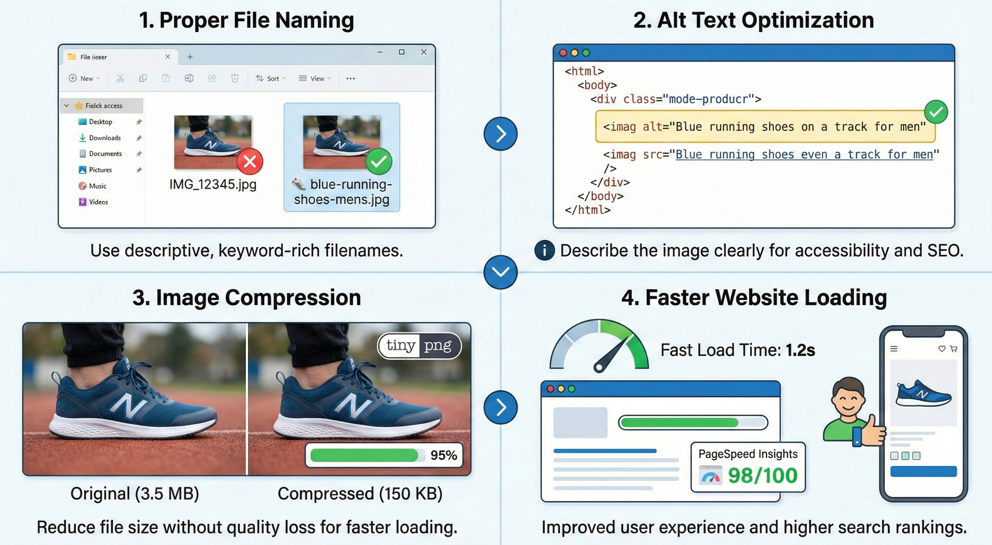 Image optimization for SEO showing proper file naming, alt text, and compression for faster website loading