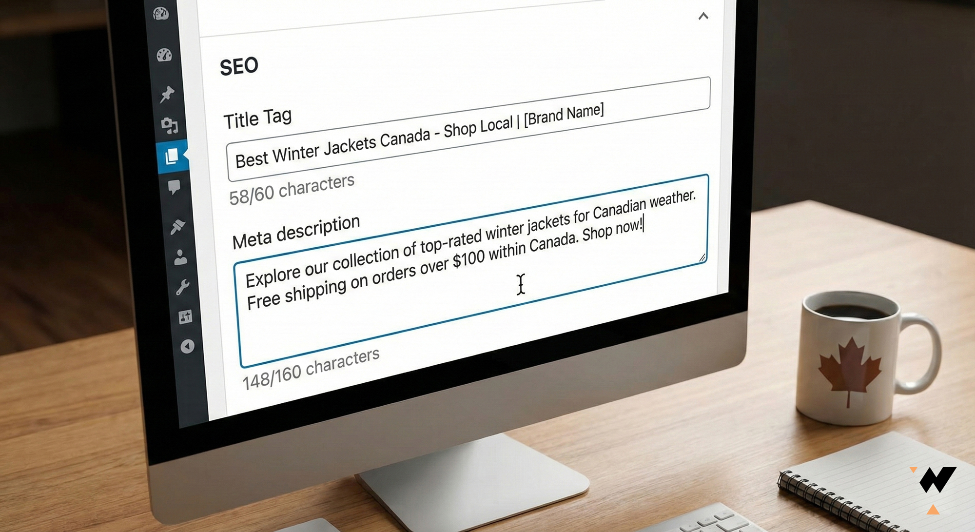 SEO title tag and meta description optimization example showing keyword placement and character limits for Canadian businesses