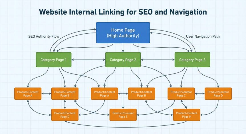 Website internal linking structure diagram showing how pages connect to build SEO authority and user navigation path