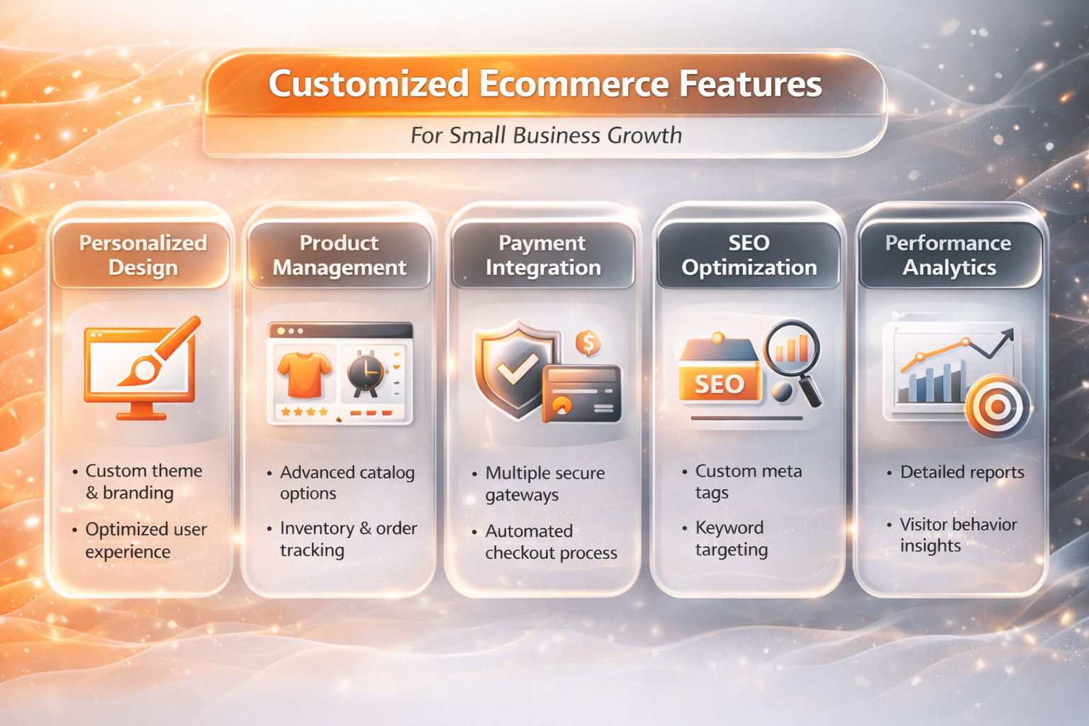 Infographic showing five essential customized e-commerce features: personalized design, product management, payment integration, SEO optimization, and performance analytics
