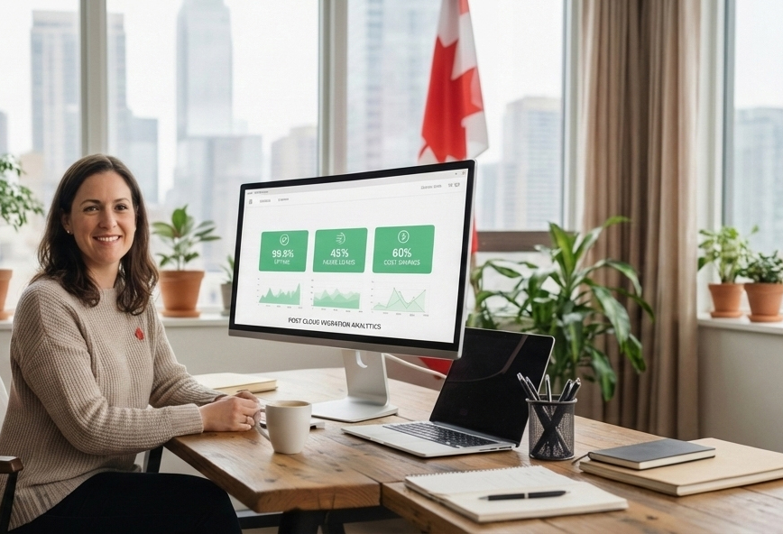 Canadian small business owner reviewing analytics showing 99.9% uptime, 45% faster page loads, and 60% cost savings after cloud migration
