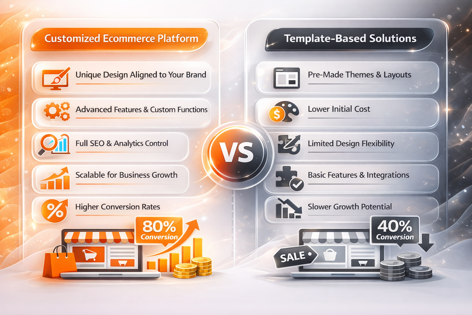Comparison showing customized e-commerce platform advantages versus template-based solutions for small business growth and conversion rates