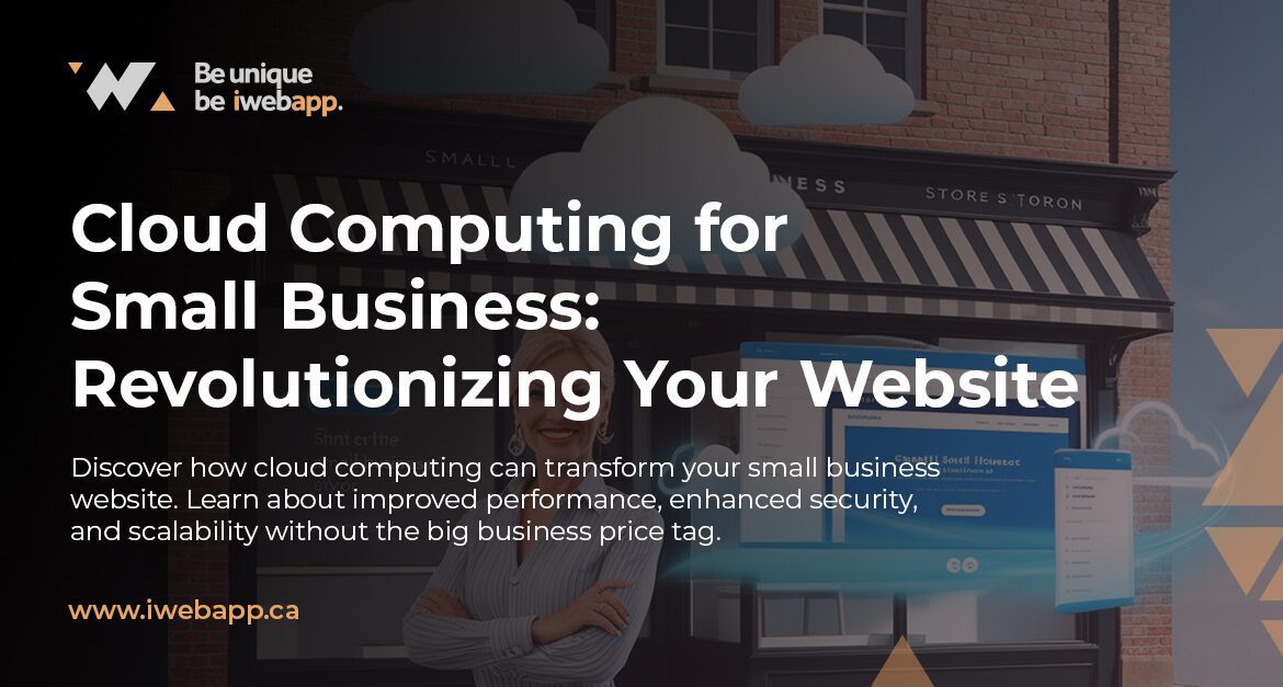 Small business owner reviewing cloud computing dashboard showing improved website performance metrics, security status, and automatic backups