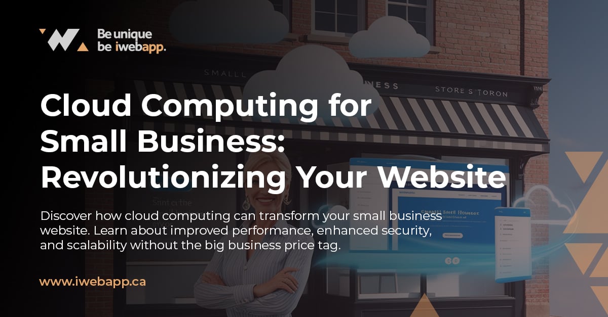 Small business owner reviewing cloud computing dashboard showing improved website performance metrics, security status, and automatic backups