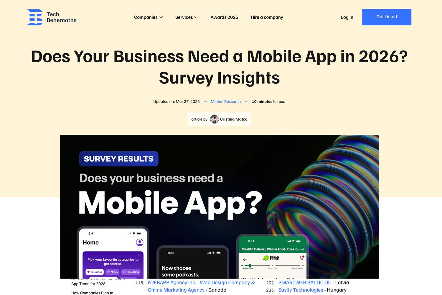 Screenshot of TechBehemoths 2026 mobile app survey article listing iWEBAPP Agency Inc. in partner companies