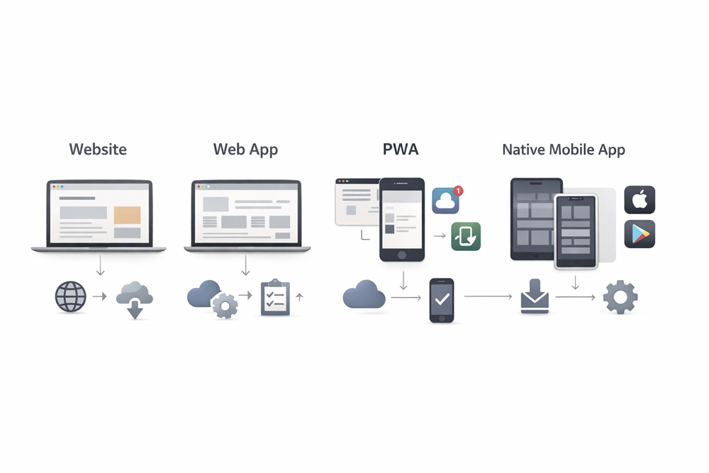 Visual comparison of website, web app, PWA, and native mobile app for business strategy