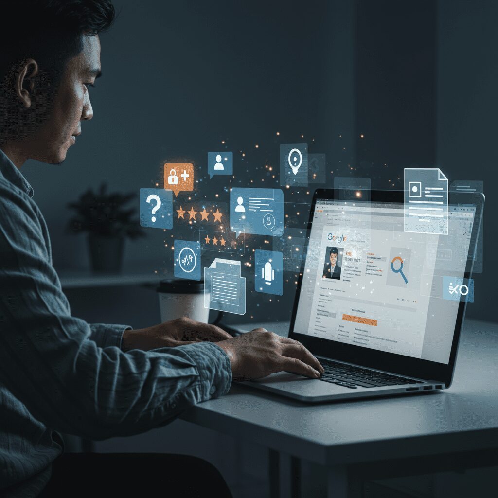 Content strategy workflow showing the creation, optimization, and distribution of various content types including blogs, videos, and interactive elements, all connecting to user personas and search intent