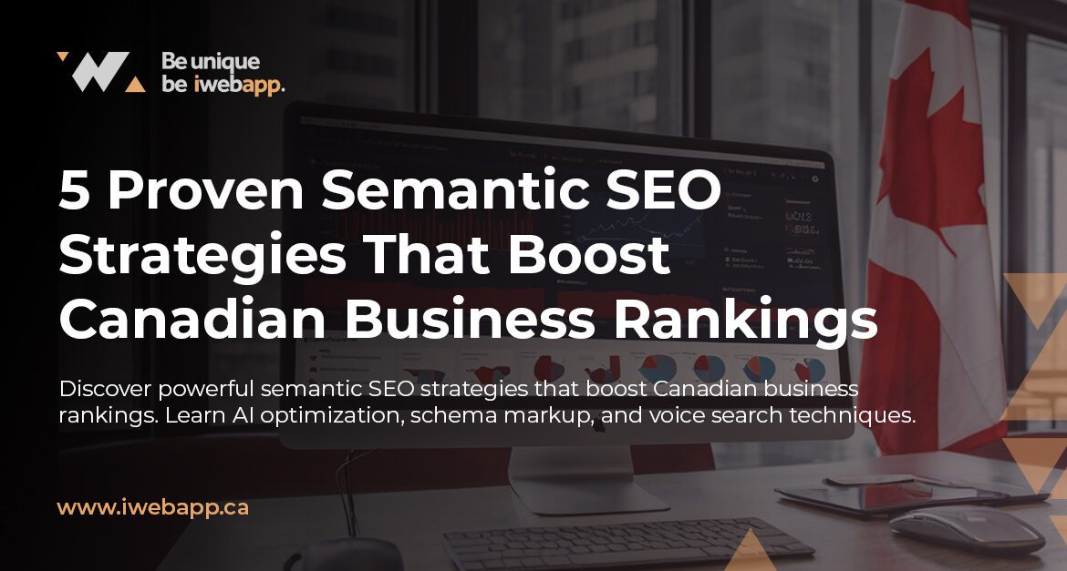 Canadian business owner analyzing semantic SEO strategies on laptop with AI optimization charts displayed on screen