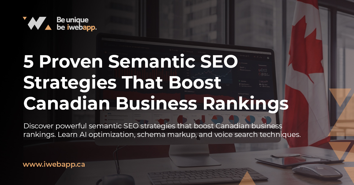 Canadian business owner analyzing semantic SEO strategies on laptop with AI optimization charts displayed on screen