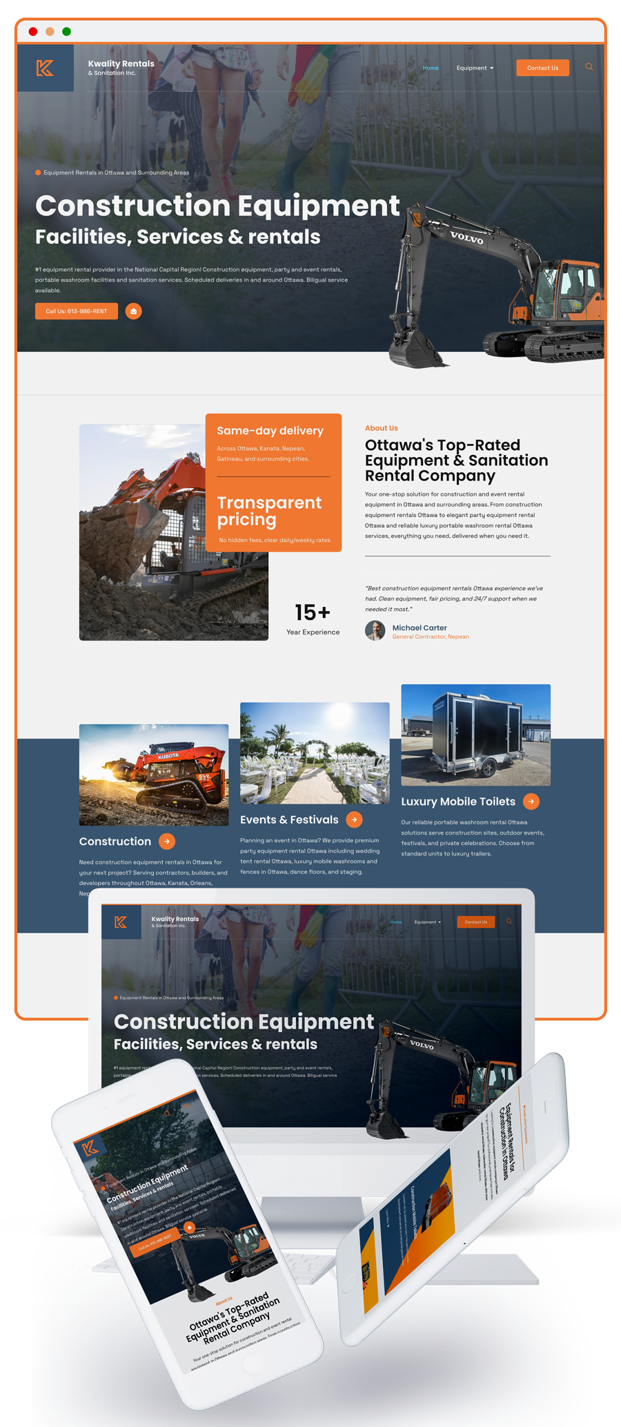 Construction equipment showcase interface for Kwality Rentals showing skid steer loaders, portable toilets, and temporary fencing categories implemented by iWEBAPP
