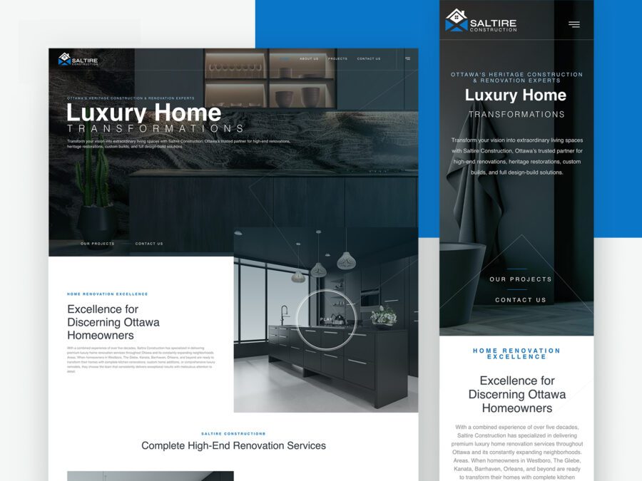 Before and after comparison of Saltire Group construction website showing luxury WordPress design transformation by iWEBAPP Agency Ottawa