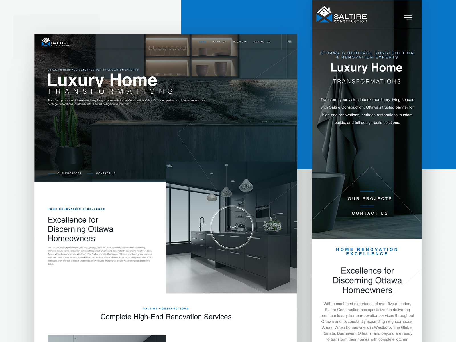 Before and after comparison of Saltire Group construction website showing luxury WordPress design transformation by iWEBAPP Agency Ottawa