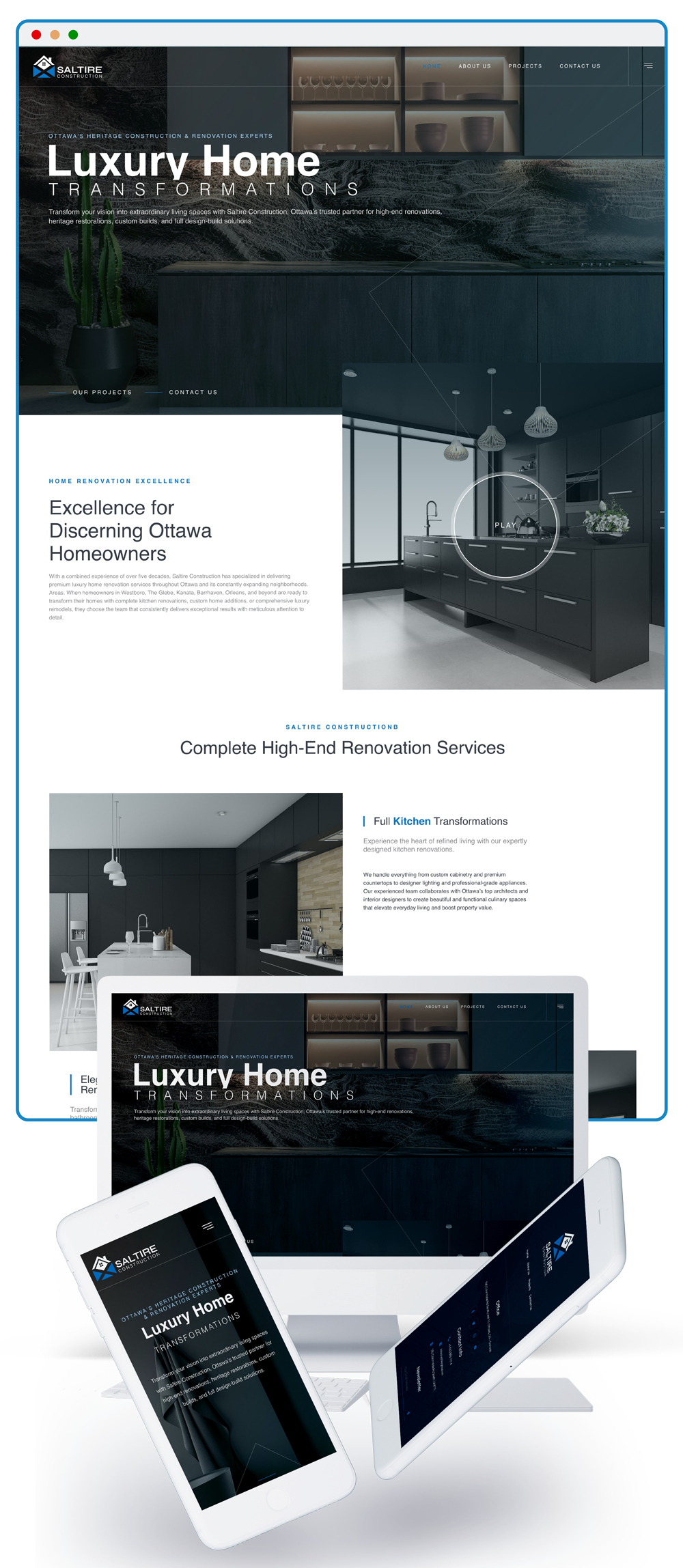 Saltire Group construction website displayed perfectly on desktop, tablet, and mobile devices showing responsive design for luxury renovation company