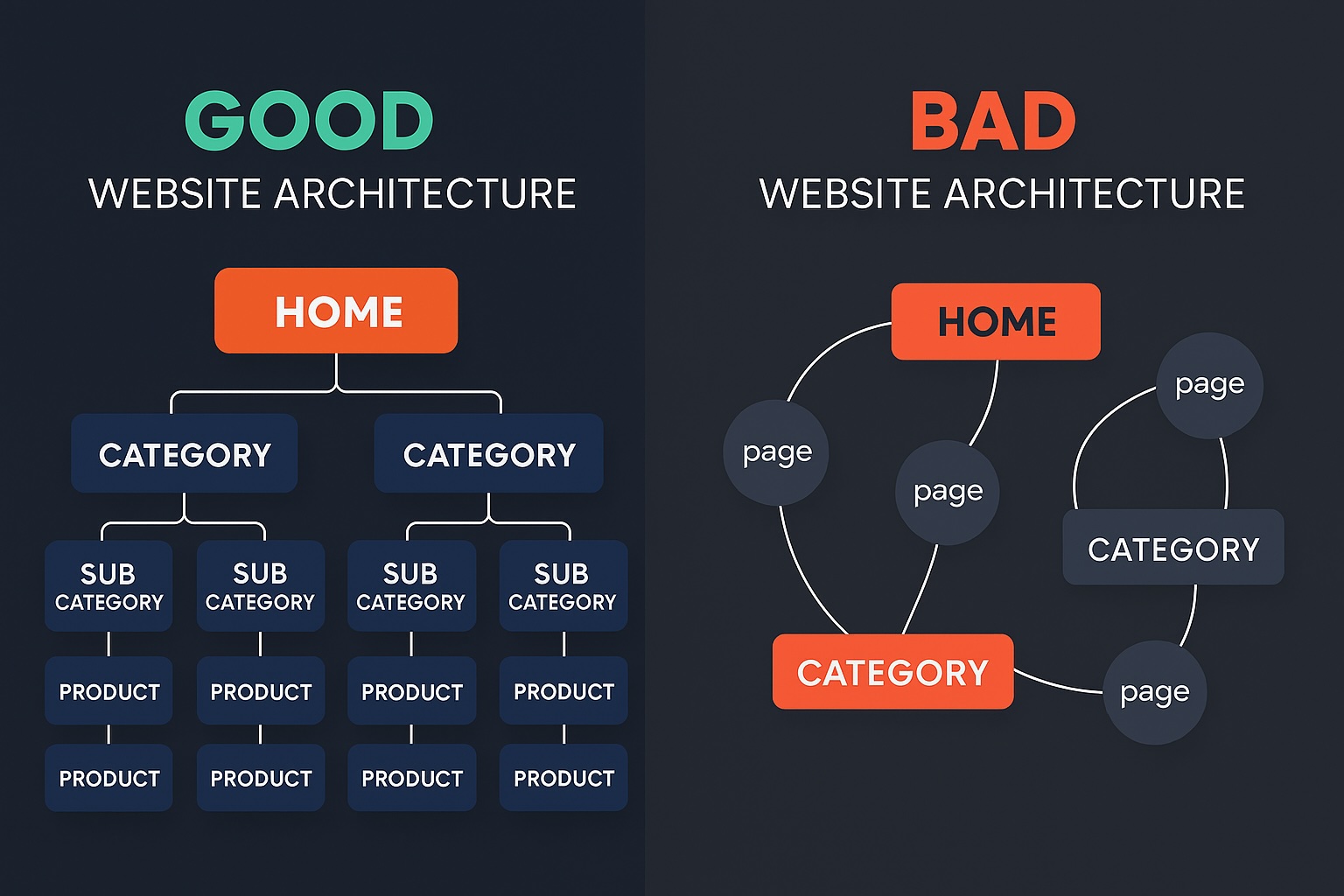 Technical diagram showing website architecture with AI crawlers, mobile devices, and performance metrics interconnected through data flows and optimization pathways
