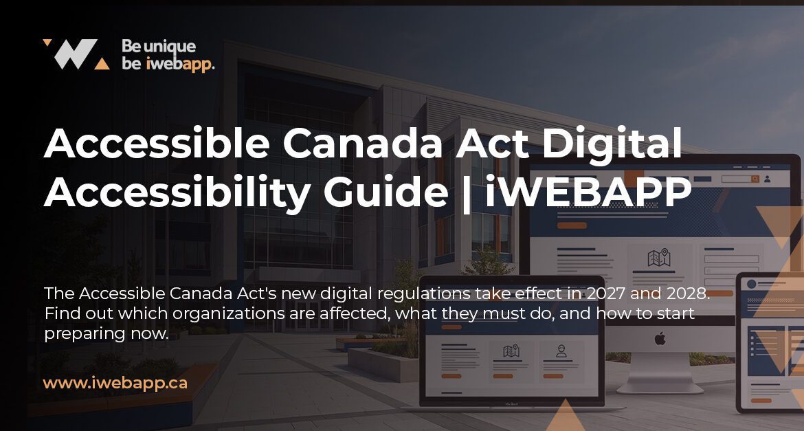 Federal government building in Ottawa with a digital device showing an accessible website, representing Accessible Canada Act digital accessibility compliance requirements for federally regulated organizations