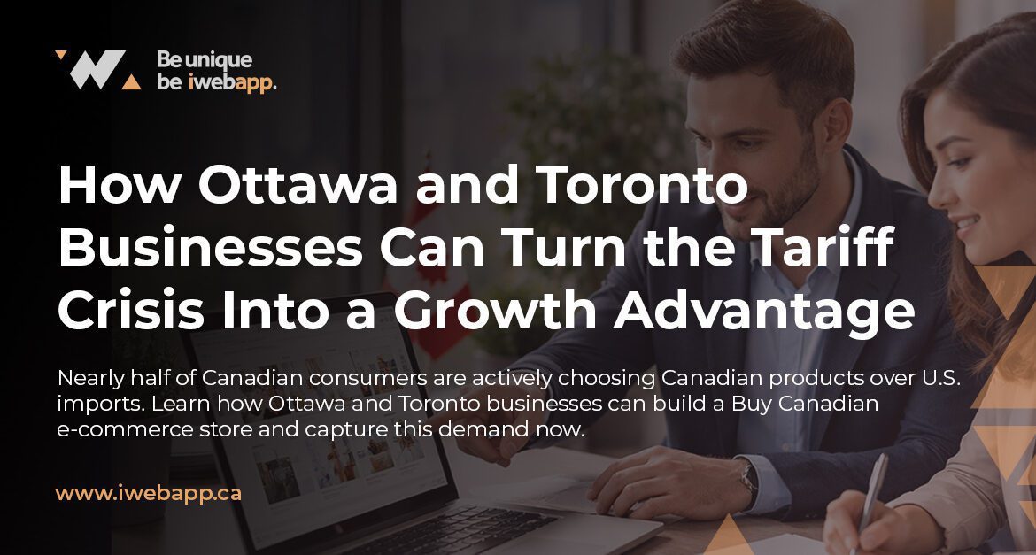 Ottawa and Toronto business owners reviewing a Buy Canadian e-commerce strategy on a laptop with a Canadian flag and city skyline visible