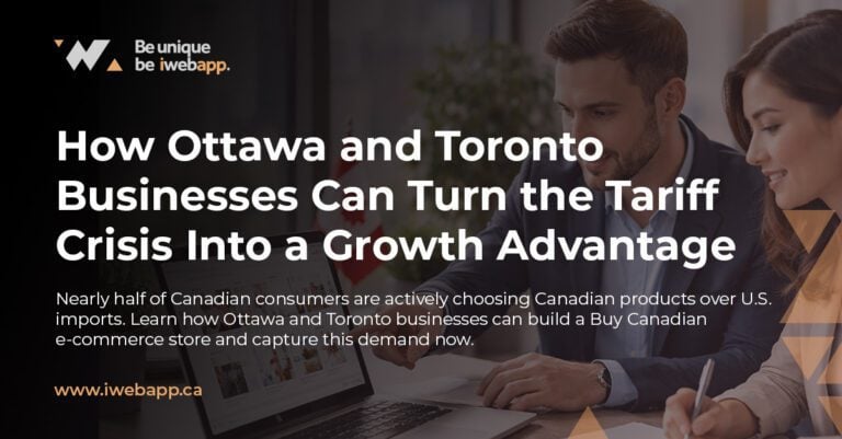 Ottawa and Toronto business owners reviewing a Buy Canadian e-commerce strategy on a laptop with a Canadian flag and city skyline visible