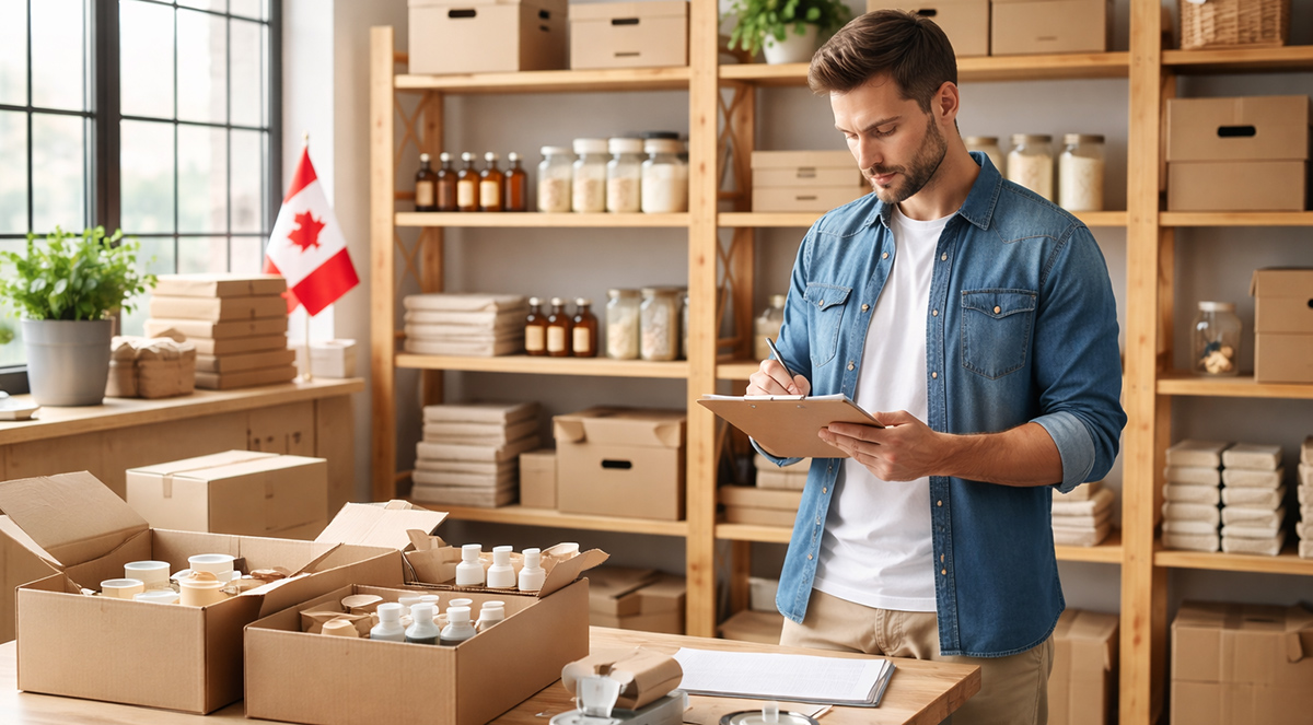 Canadian manufacturer or producer in Ontario warehouse showing locally sourced goods ready for e-commerce shipping to Ottawa and Toronto customers