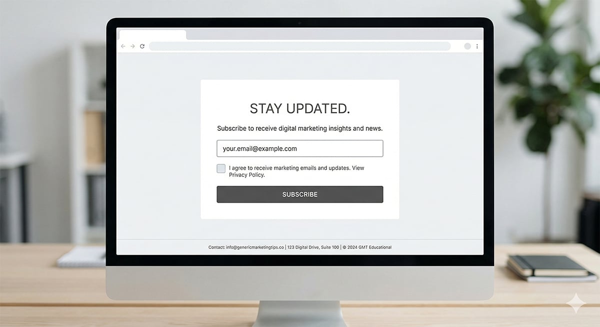 Example of a CASL-compliant email marketing opt-in form on a Canadian business website, showing an unchecked consent checkbox, clear consent language, and business contact information