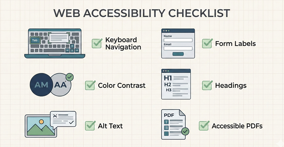 Website accessibility checklist with icons for forms, contrast, keyboard navigation
